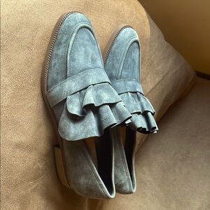Pour La Victoire Grey Loafer Flats with Ruffled Detail